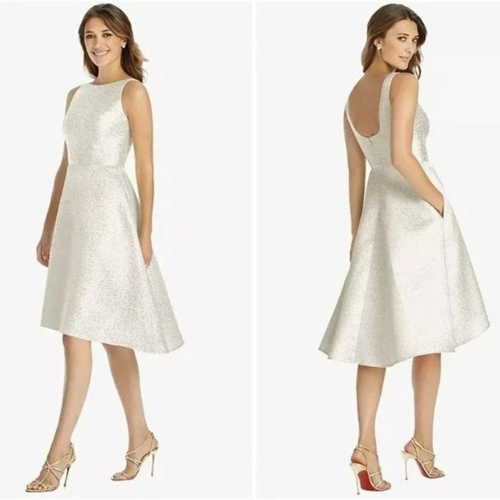 NWT Dessy Collection Sleeveless Circle Dress Bateau Neck 14 Ivory Gold White